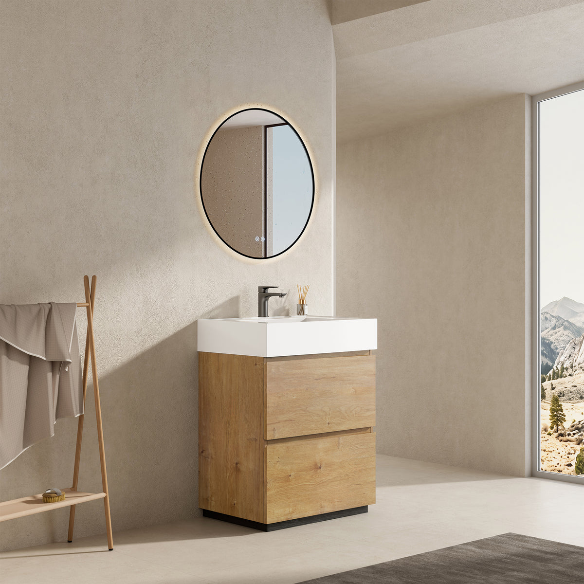 Mobile bagno a Terra 60 cm Bruno Medio Lavabo in Resina Specchio Tondo Retroilluminato Profilo Nero - Nube Wood