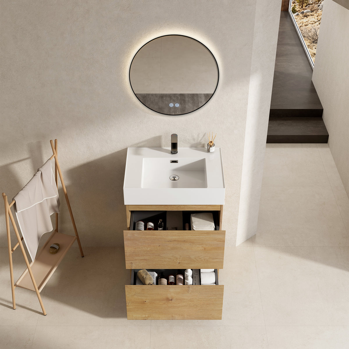 Mobile bagno a Terra 60 cm Bruno Medio Lavabo in Resina Specchio Tondo Retroilluminato Profilo Nero - Nube Wood