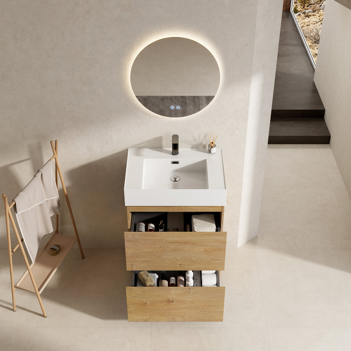 Mobile bagno a Terra 60 cm Bruno Medio Lavabo in Resina Specchio Quadro - Nube Wood
