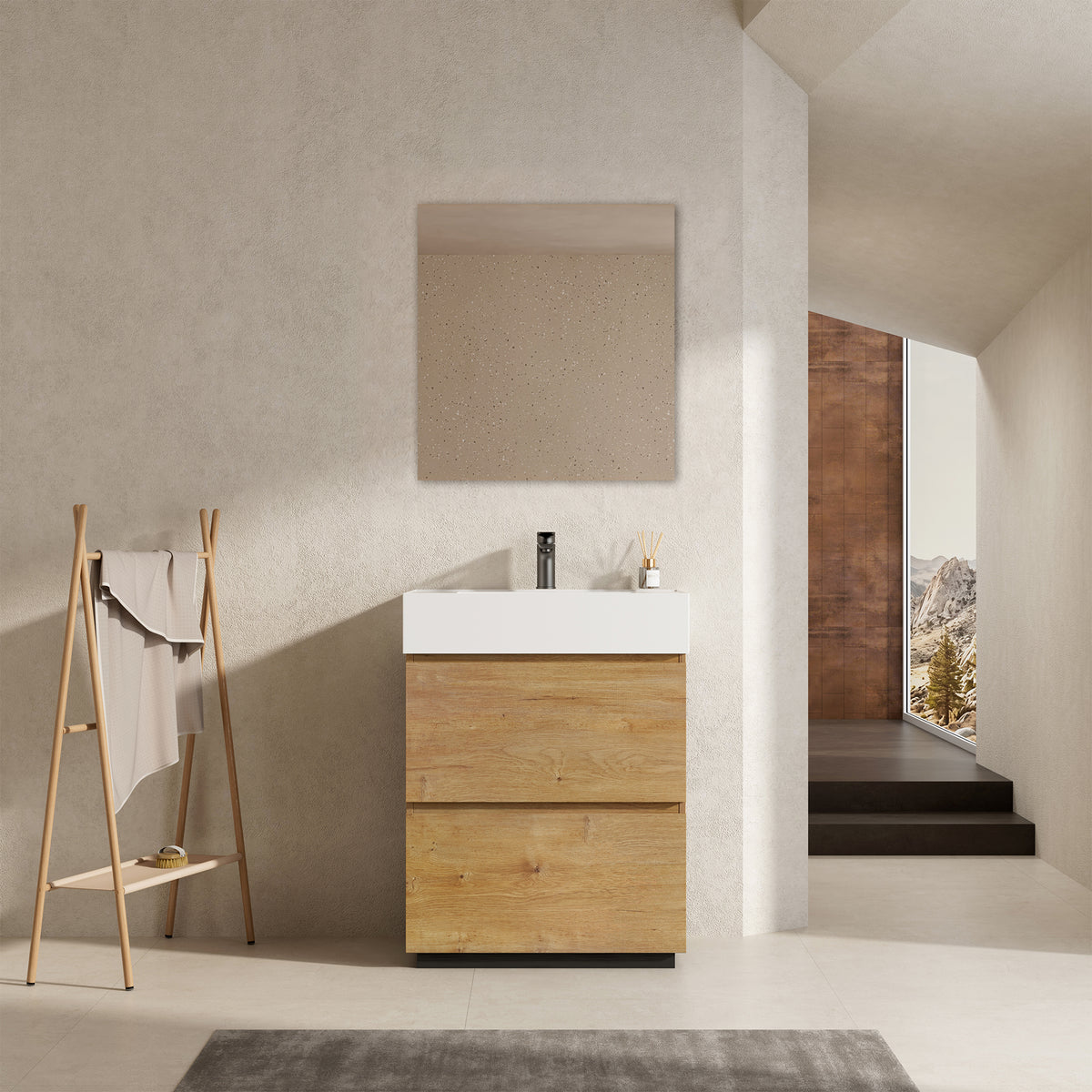 Mobile bagno a Terra 60 cm Bruno Medio Lavabo in Resina Specchio Tondo Retroilluminato - Nube Wood