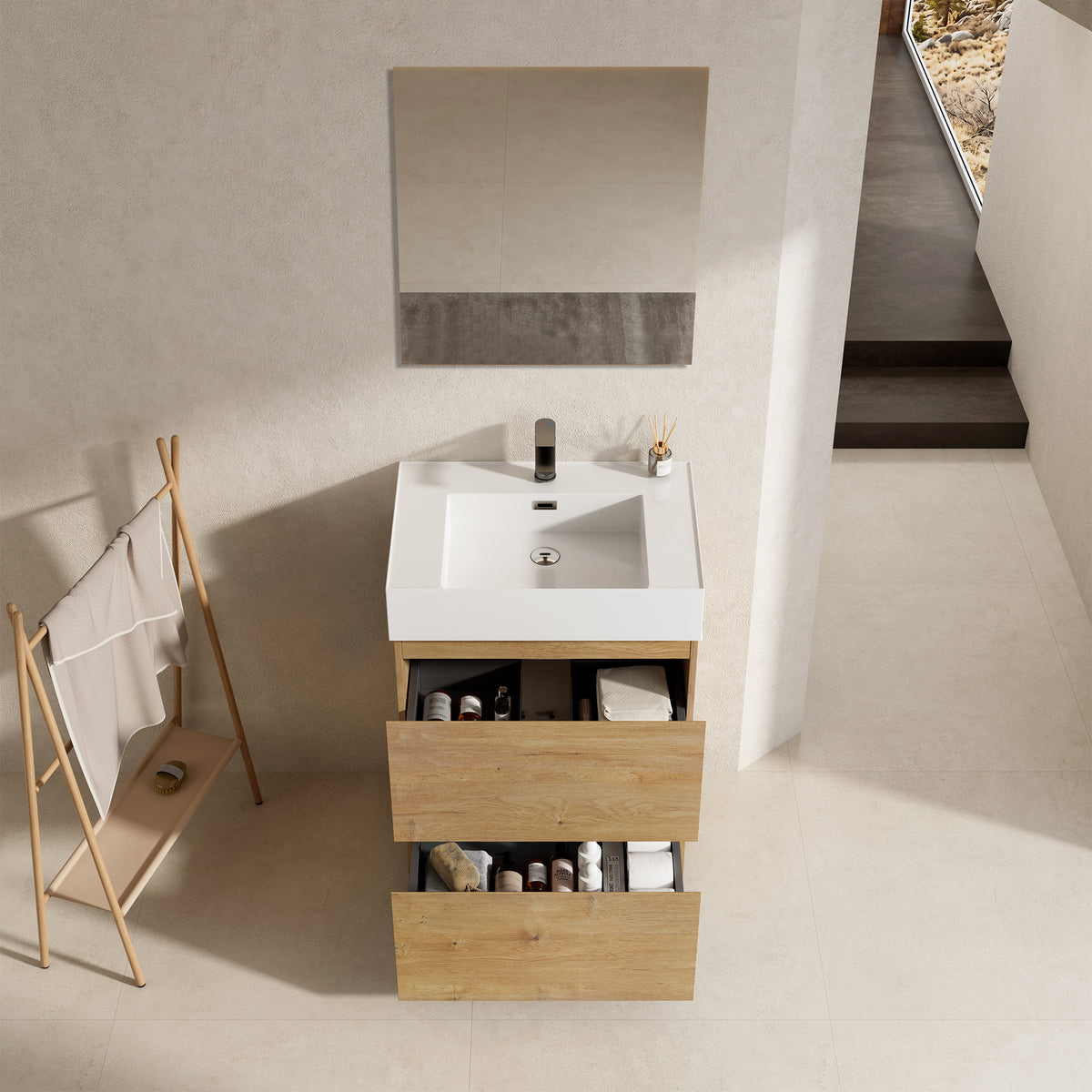 Mobile bagno a Terra 60 cm Bruno Medio Lavabo in Resina Specchio Tondo Retroilluminato - Nube Wood