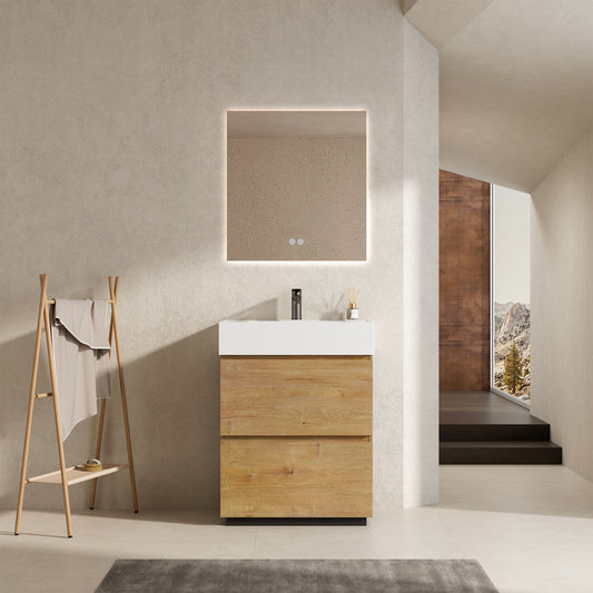 Mobile bagno a Terra 60 cm Bruno Medio Lavabo in Resina Specchio Quadro Retroilluminato - Nube Wood