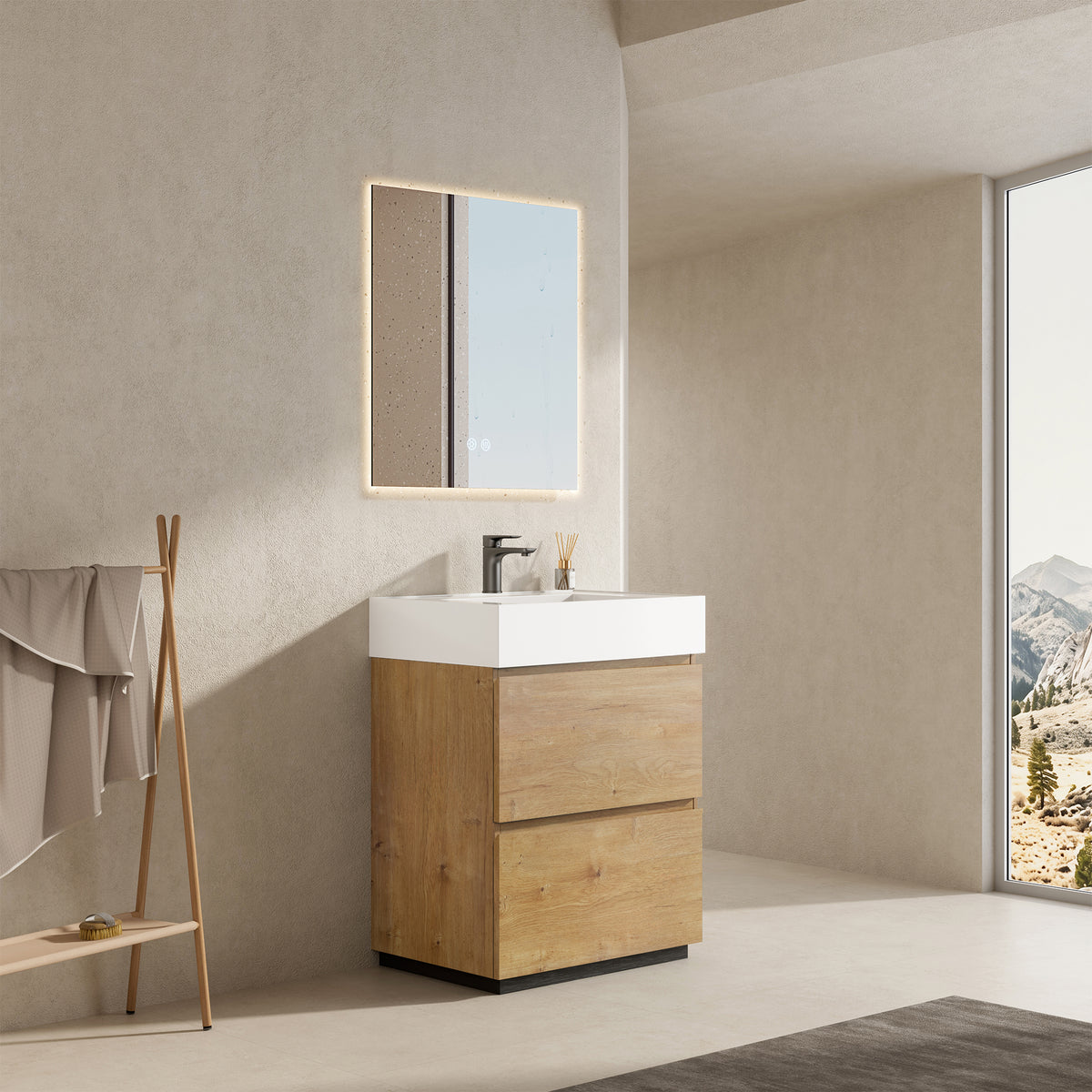Mobile bagno a Terra 60 cm Bruno Medio Lavabo in Resina Specchio Quadro Retroilluminato - Nube Wood