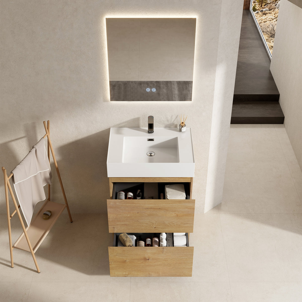 Mobile bagno a Terra 60 cm Bruno Medio Lavabo in Resina Specchio Quadro Retroilluminato - Nube Wood