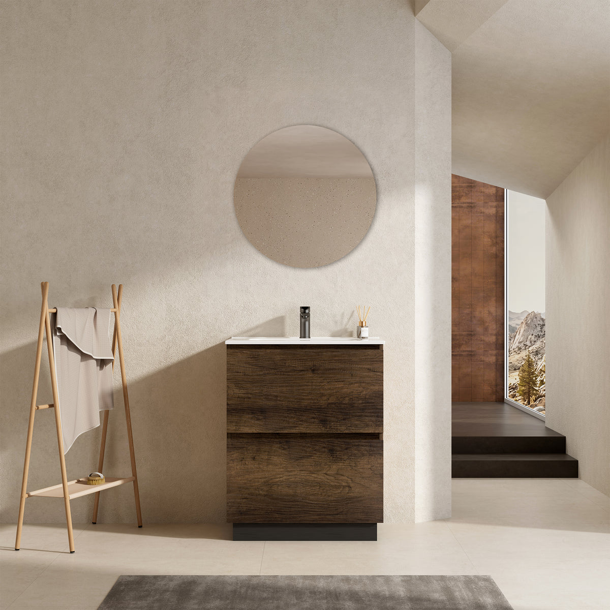Mobile bagno a Terra 60 cm Bruno Scuro Lavabo in Ceramica Specchio Tondo - Nube Wood