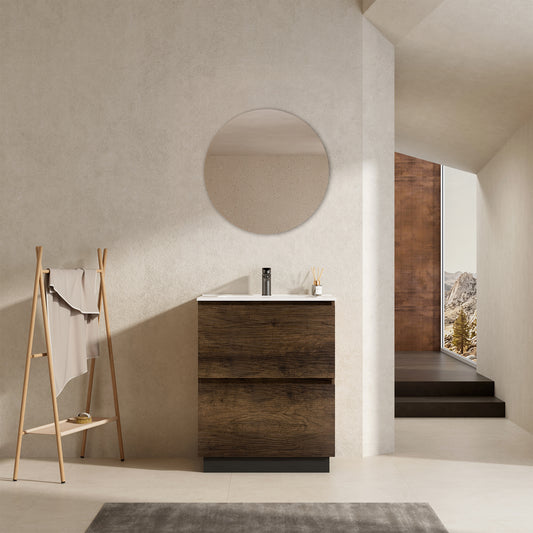 Mobile bagno a Terra 60 cm Bruno Scuro Lavabo in Ceramica Specchio Tondo - Nube Wood