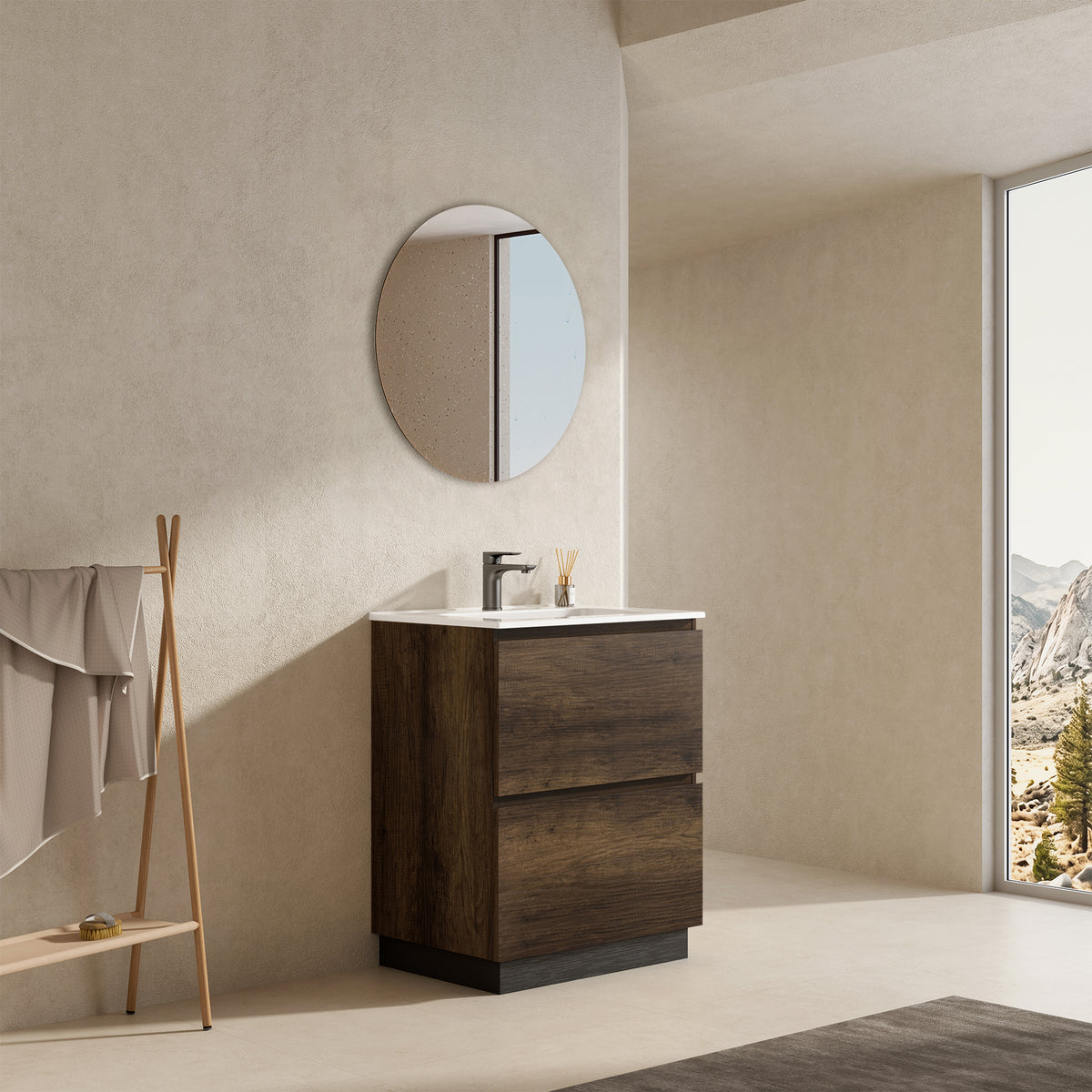 Mobile bagno a Terra 60 cm Bruno Scuro Lavabo in Ceramica Specchio Tondo - Nube Wood