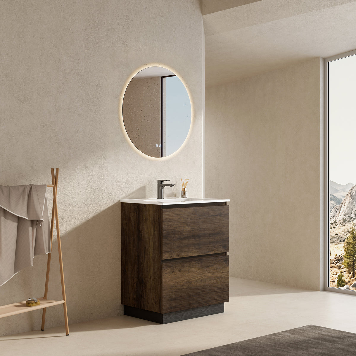 Mobile bagno a Terra 60 cm Bruno Scuro Lavabo in Ceramica Specchio Quadro - Nube Wood