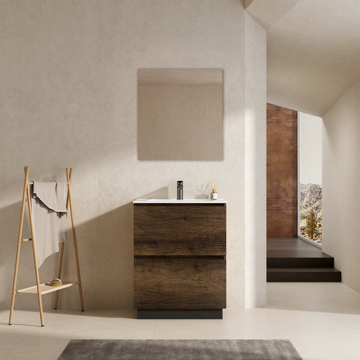 Mobile bagno a Terra 60 cm Bruno Scuro Lavabo in Ceramica Specchio Tondo Retroilluminato - Nube Wood