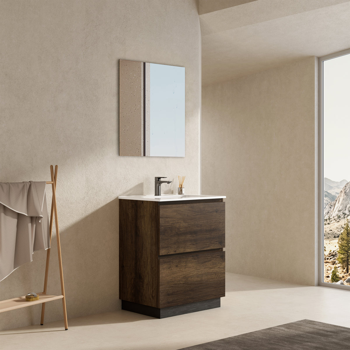 Mobile bagno a Terra 60 cm Bruno Scuro Lavabo in Ceramica Specchio Tondo Retroilluminato - Nube Wood