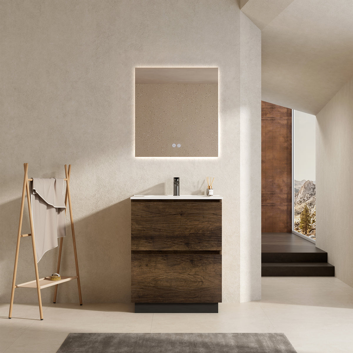 Mobile bagno a Terra 60 cm Bruno Scuro Lavabo in Ceramica Specchio Quadro Retroilluminato - Nube Wood
