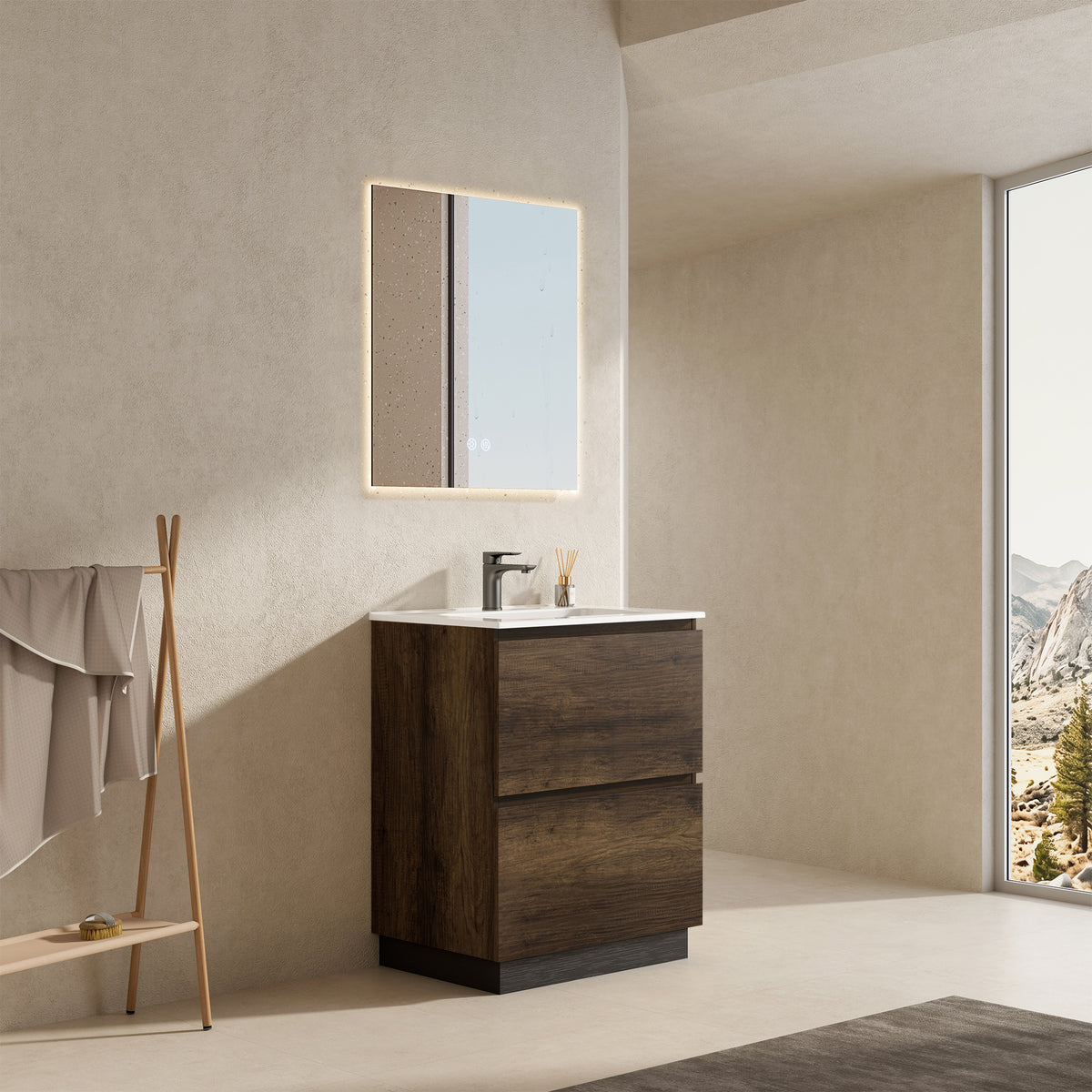 Mobile bagno a Terra 60 cm Bruno Scuro Lavabo in Ceramica Specchio Quadro Retroilluminato - Nube Wood