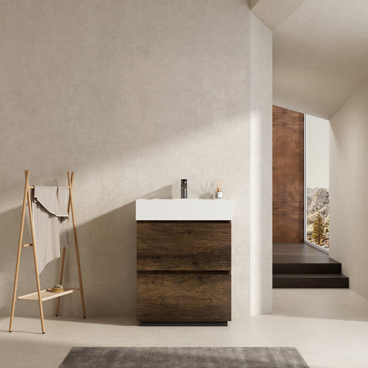 Mobile bagno a Terra 60 cm Bruno Scuro Lavabo in Resina Senza Specchio - Nube Wood
