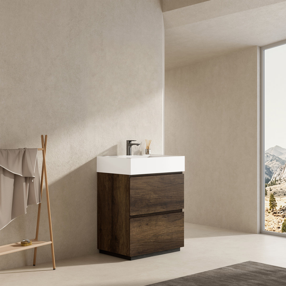 Mobile bagno a Terra 60 cm Bruno Scuro Lavabo in Resina Senza Specchio - Nube Wood