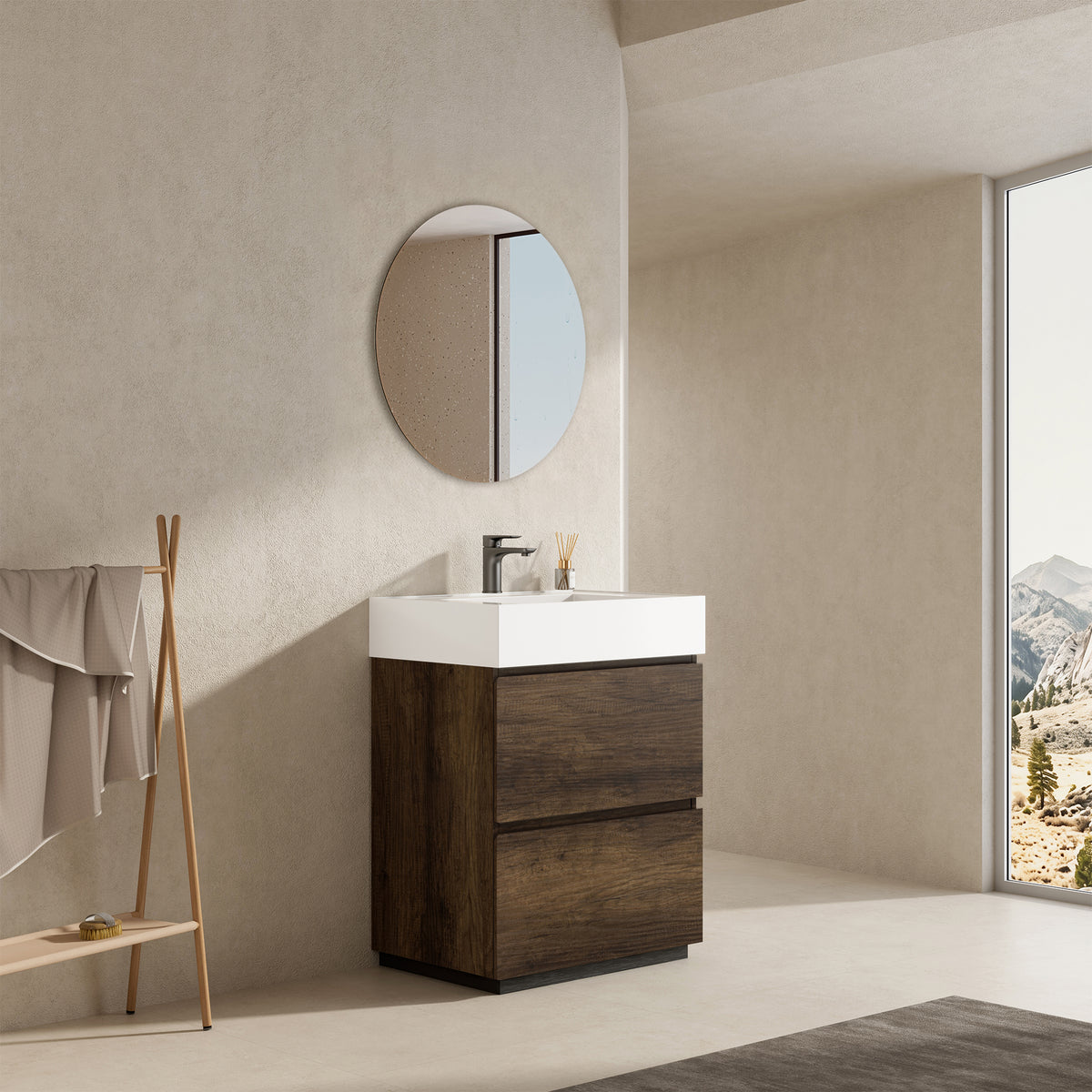 Mobile bagno a Terra 60 cm Bruno Scuro Lavabo in Resina Specchio Tondo - Nube Wood