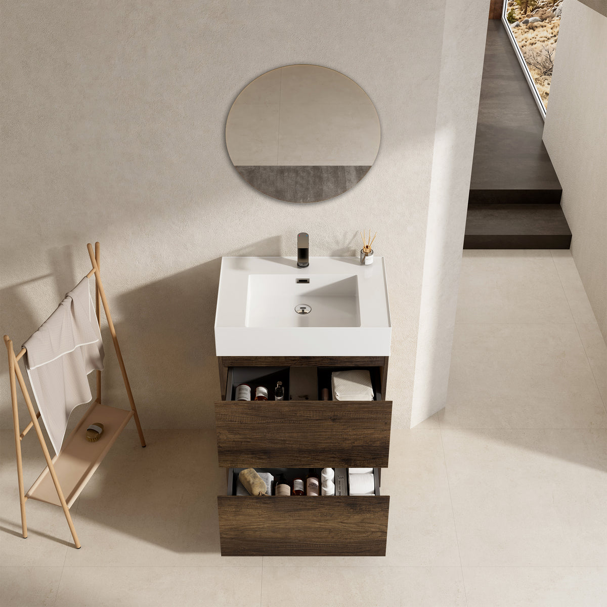 Mobile bagno a Terra 60 cm Bruno Scuro Lavabo in Resina Specchio Tondo - Nube Wood