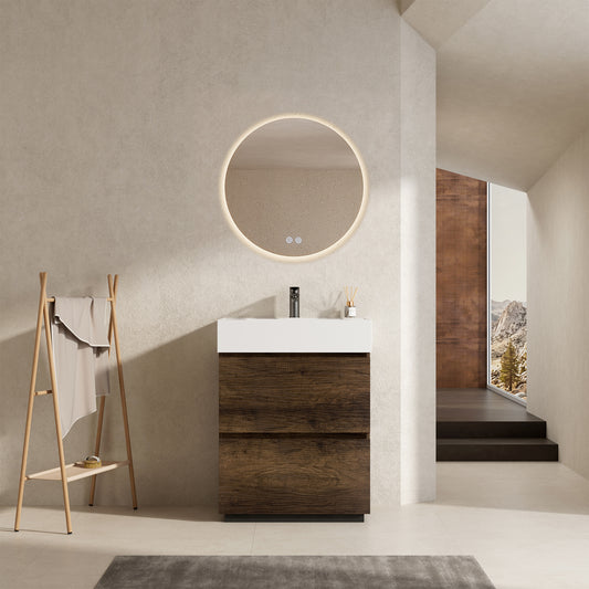 Mobile bagno a Terra 60 cm Bruno Scuro Lavabo in Resina Specchio Quadro - Nube Wood