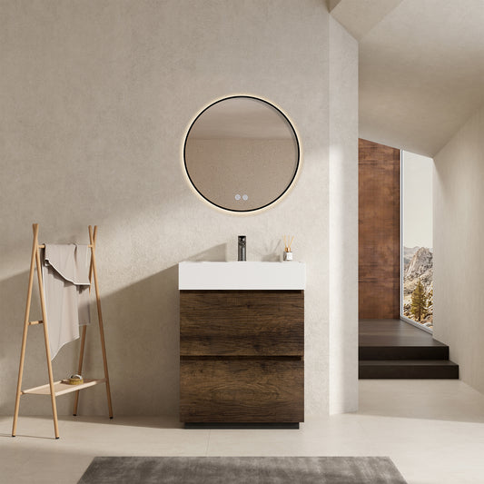 Mobile bagno a Terra 60 cm Bruno Scuro Lavabo in Resina Specchio Tondo Retroilluminato Profilo Nero - Nube Wood
