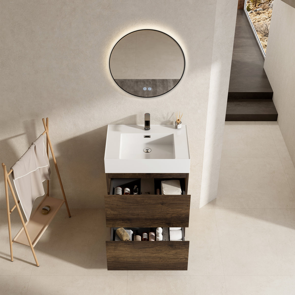 Mobile bagno a Terra 60 cm Bruno Scuro Lavabo in Resina Specchio Tondo Retroilluminato Profilo Nero - Nube Wood