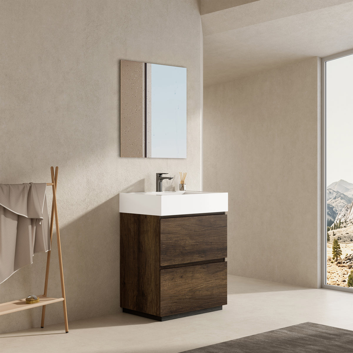 Mobile bagno a Terra 60 cm Bruno Scuro Lavabo in Resina Specchio Tondo Retroilluminato - Nube Wood