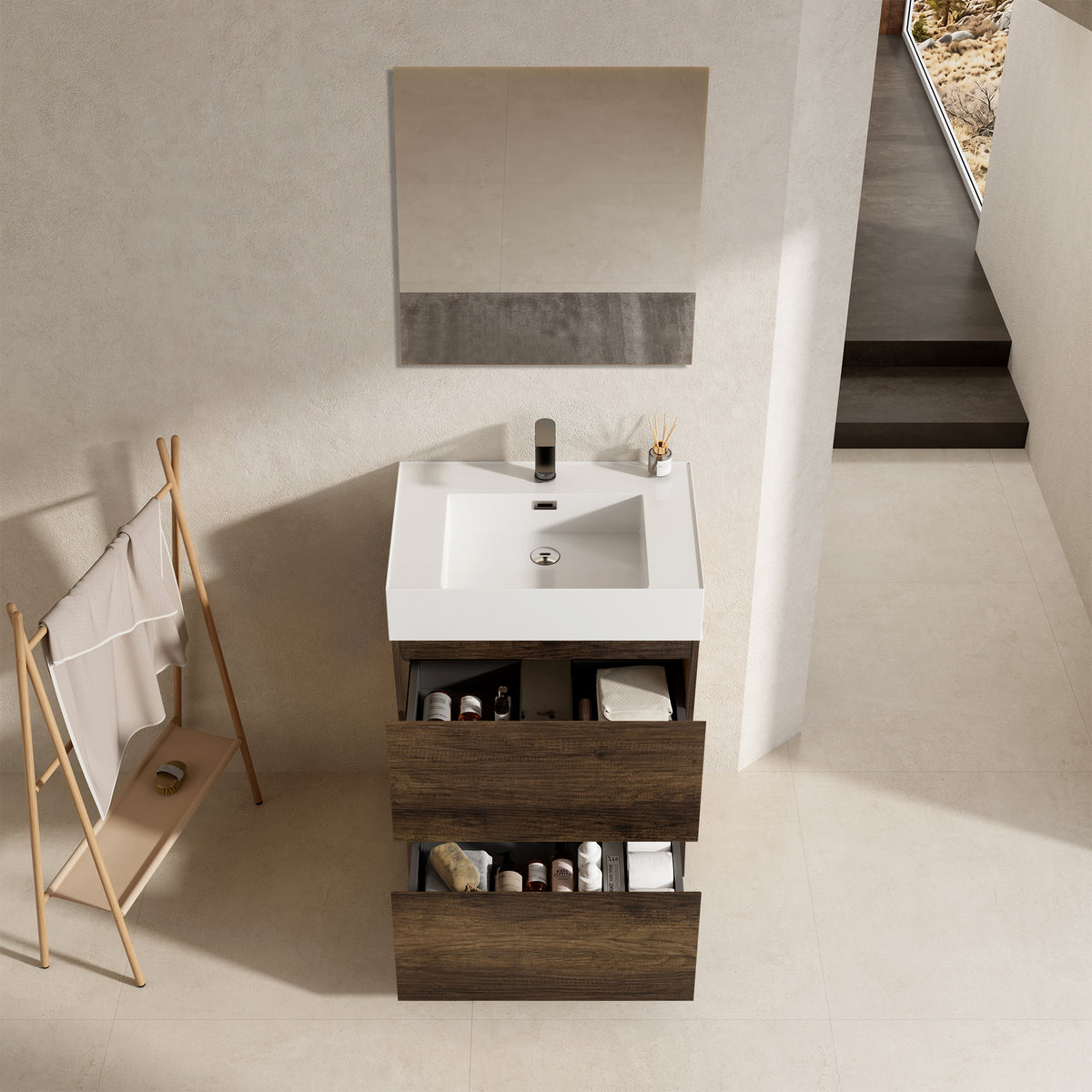 Mobile bagno a Terra 60 cm Bruno Scuro Lavabo in Resina Specchio Tondo Retroilluminato - Nube Wood