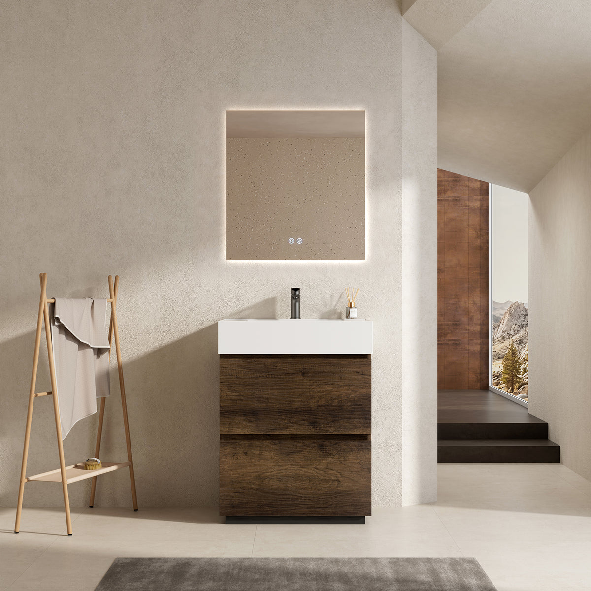Mobile bagno a Terra 60 cm Bruno Scuro Lavabo in Resina Specchio Quadro Retroilluminato - Nube Wood