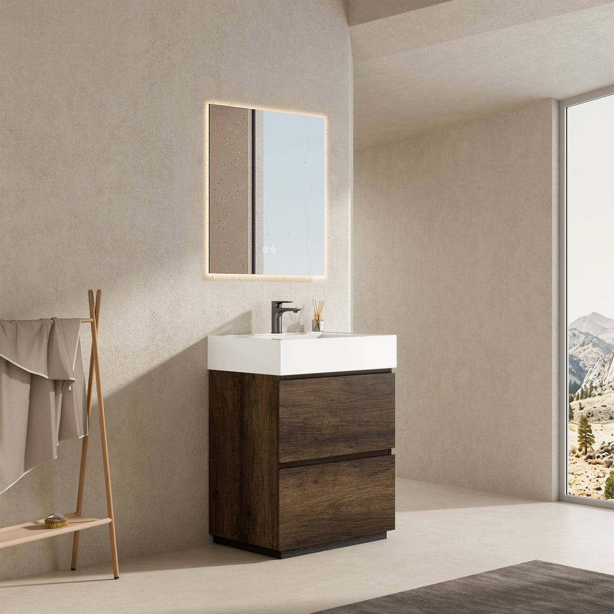 Mobile bagno a Terra 60 cm Bruno Scuro Lavabo in Resina Specchio Quadro Retroilluminato - Nube Wood