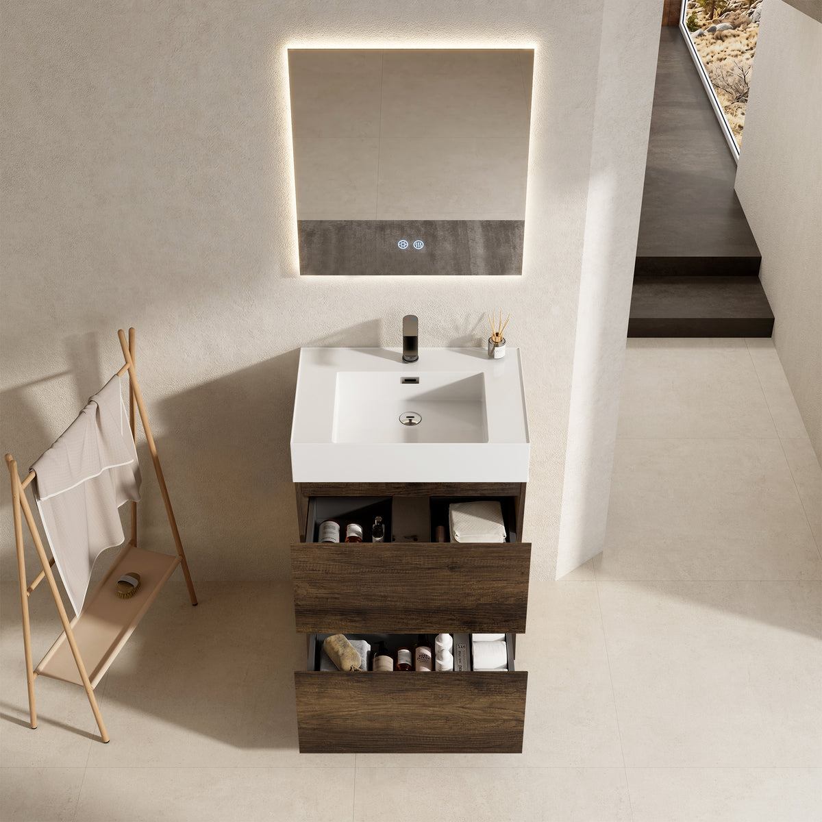 Mobile bagno a Terra 60 cm Bruno Scuro Lavabo in Resina Specchio Quadro Retroilluminato - Nube Wood