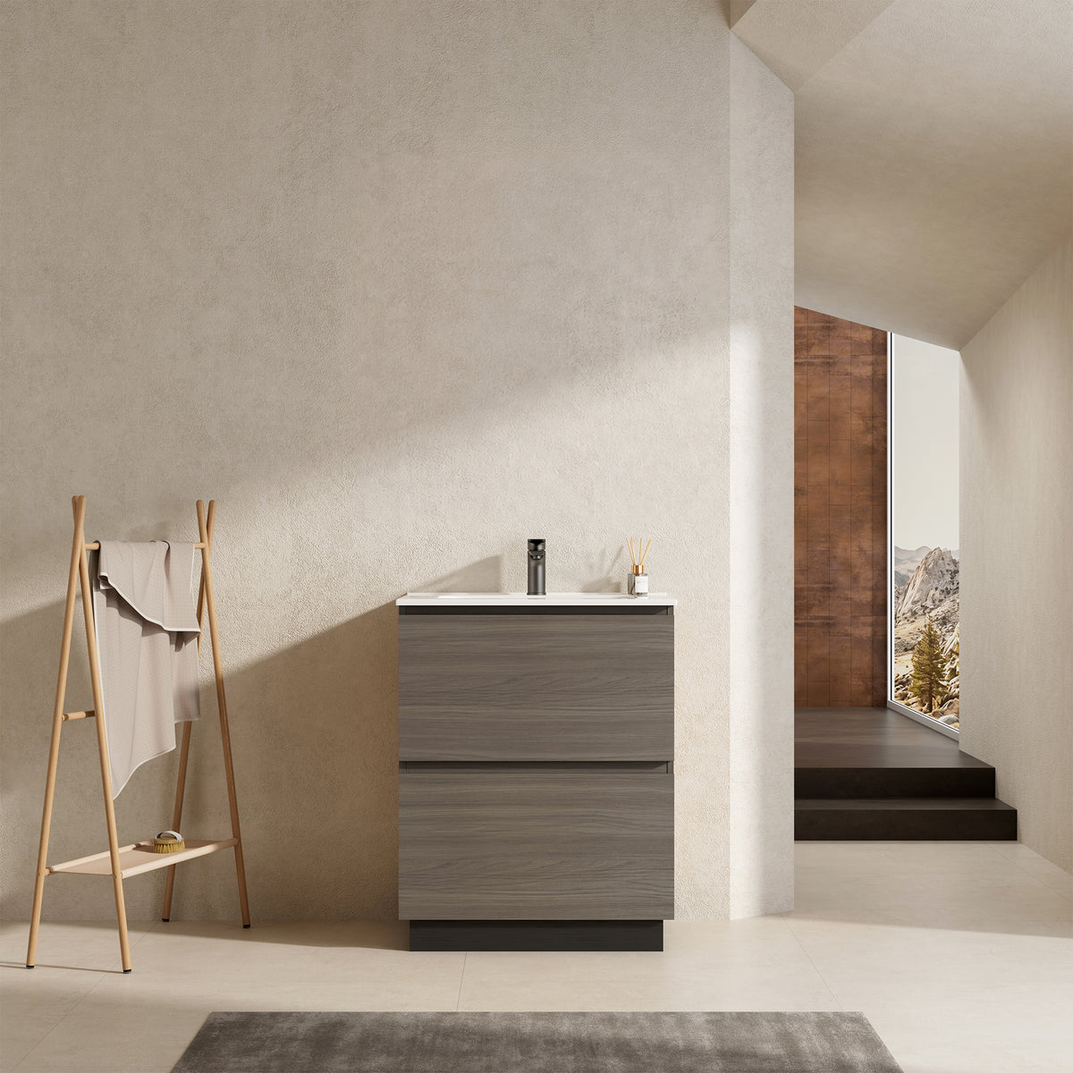 Mobile bagno a Terra 60 cm Grigio Lavabo in Ceramica Senza Specchio - Nube Wood