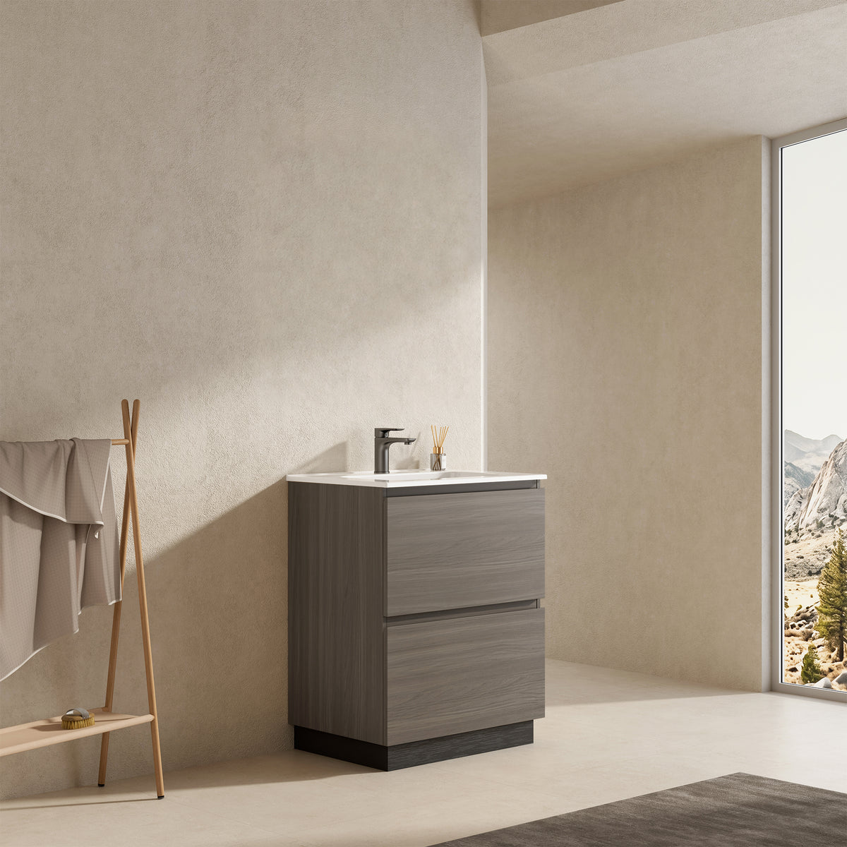 Mobile bagno a Terra 60 cm Grigio Lavabo in Ceramica Senza Specchio - Nube Wood