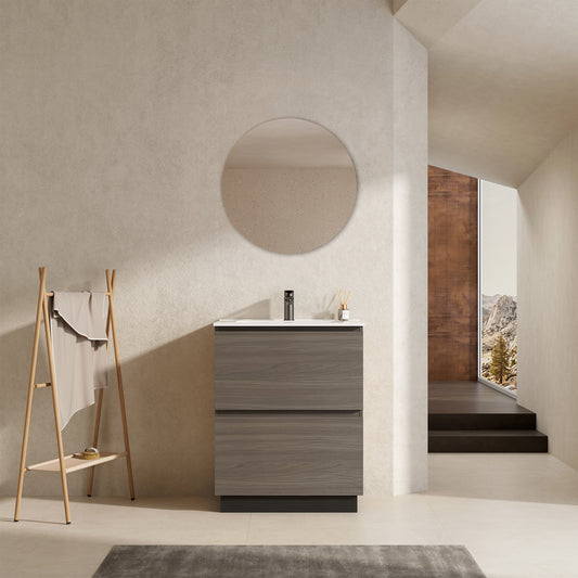 Mobile bagno a Terra 60 cm Grigio Lavabo in Ceramica Specchio Tondo - Nube Wood