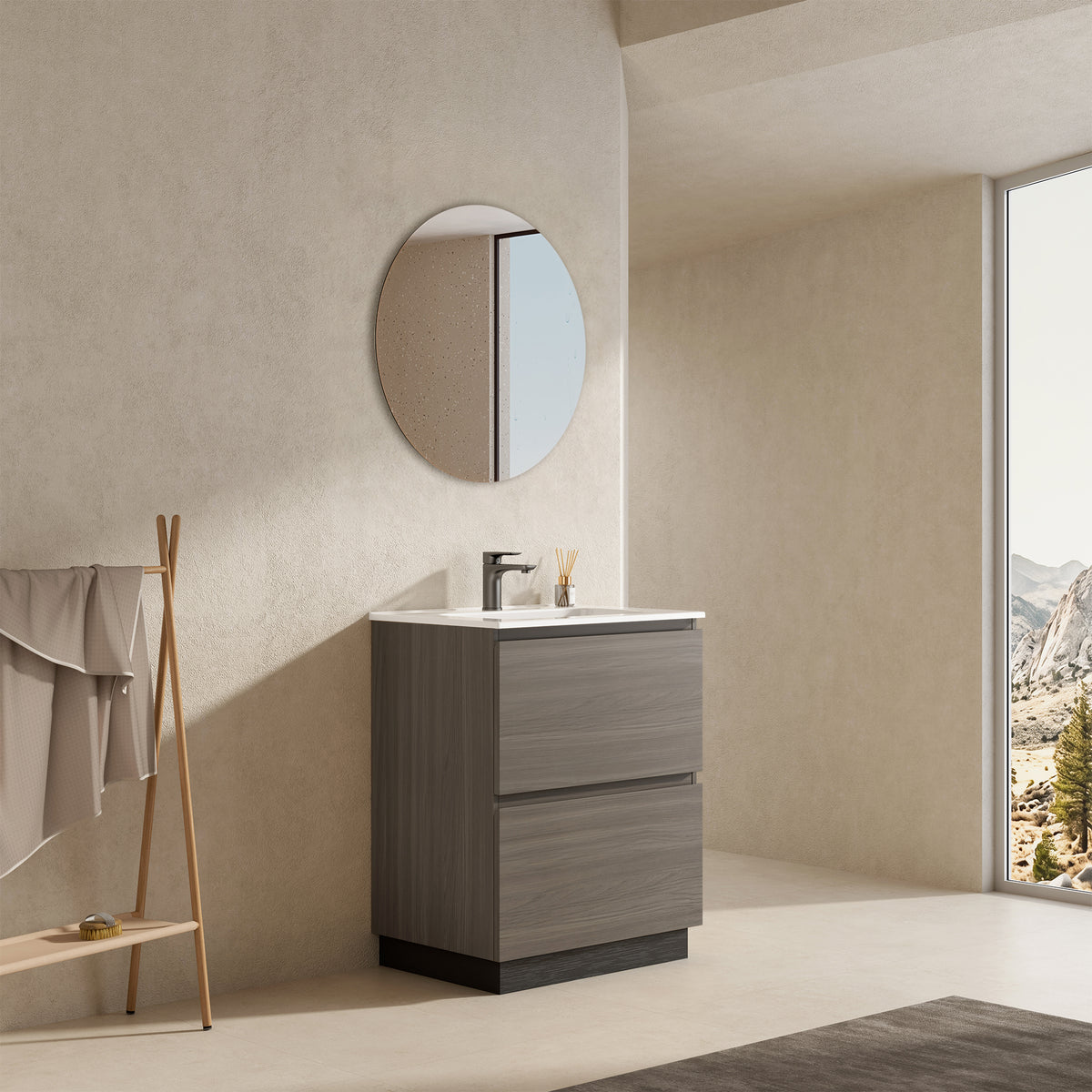 Mobile bagno a Terra 60 cm Grigio Lavabo in Ceramica Specchio Tondo - Nube Wood