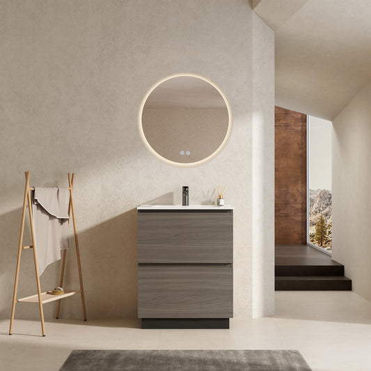 Mobile bagno a Terra 60 cm Grigio Lavabo in Ceramica Specchio Quadro - Nube Wood
