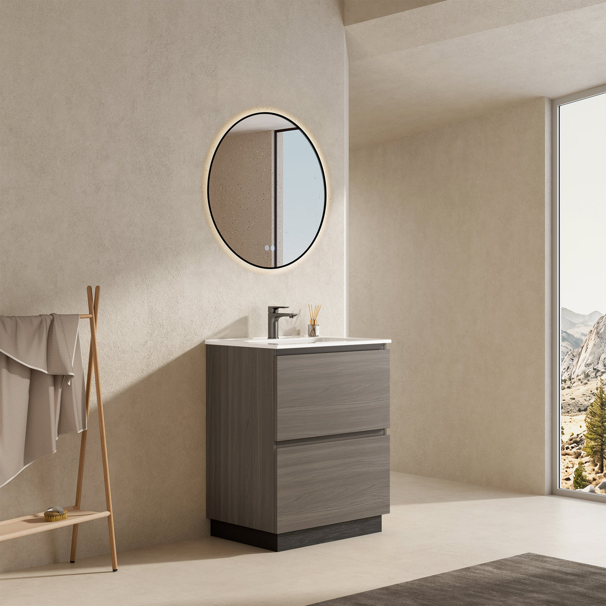 Mobile bagno a Terra 60 cm Grigio Lavabo in Ceramica Specchio Tondo Retroilluminato Profilo Nero - Nube Wood