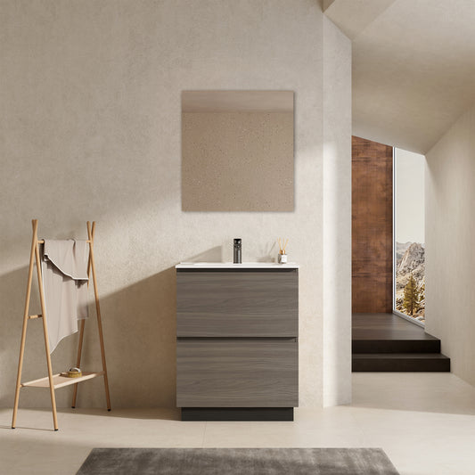 Mobile bagno a Terra 60 cm Grigio Lavabo in Ceramica Specchio Tondo Retroilluminato - Nube Wood