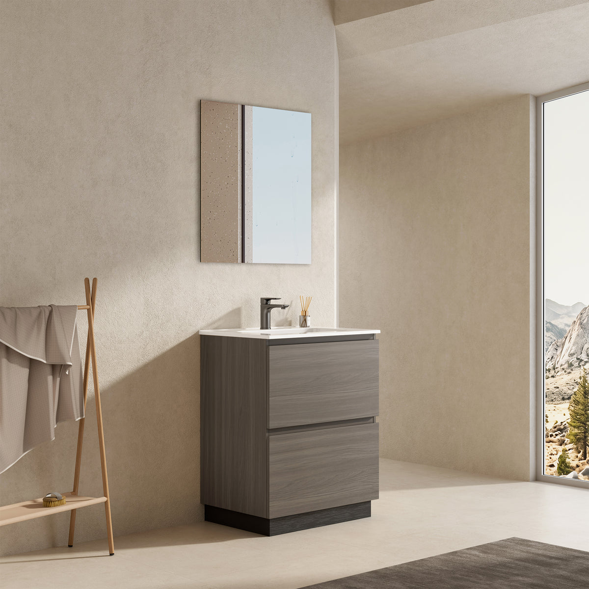 Mobile bagno a Terra 60 cm Grigio Lavabo in Ceramica Specchio Tondo Retroilluminato - Nube Wood