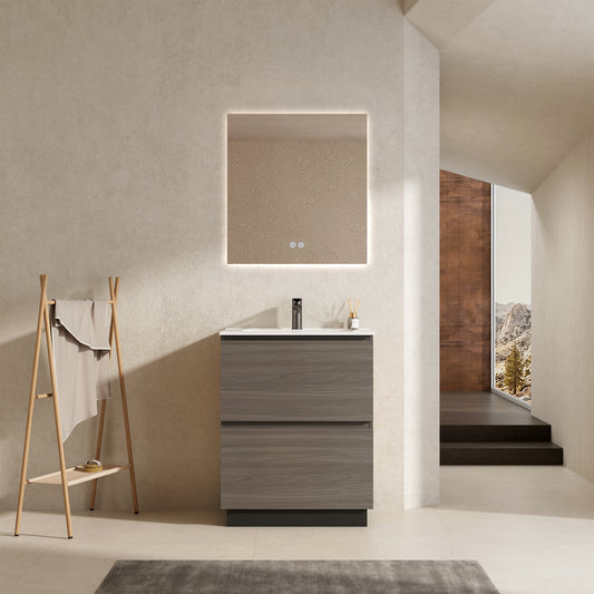 Mobile bagno a Terra 60 cm Grigio Lavabo in Ceramica Specchio Quadro Retroilluminato - Nube Wood