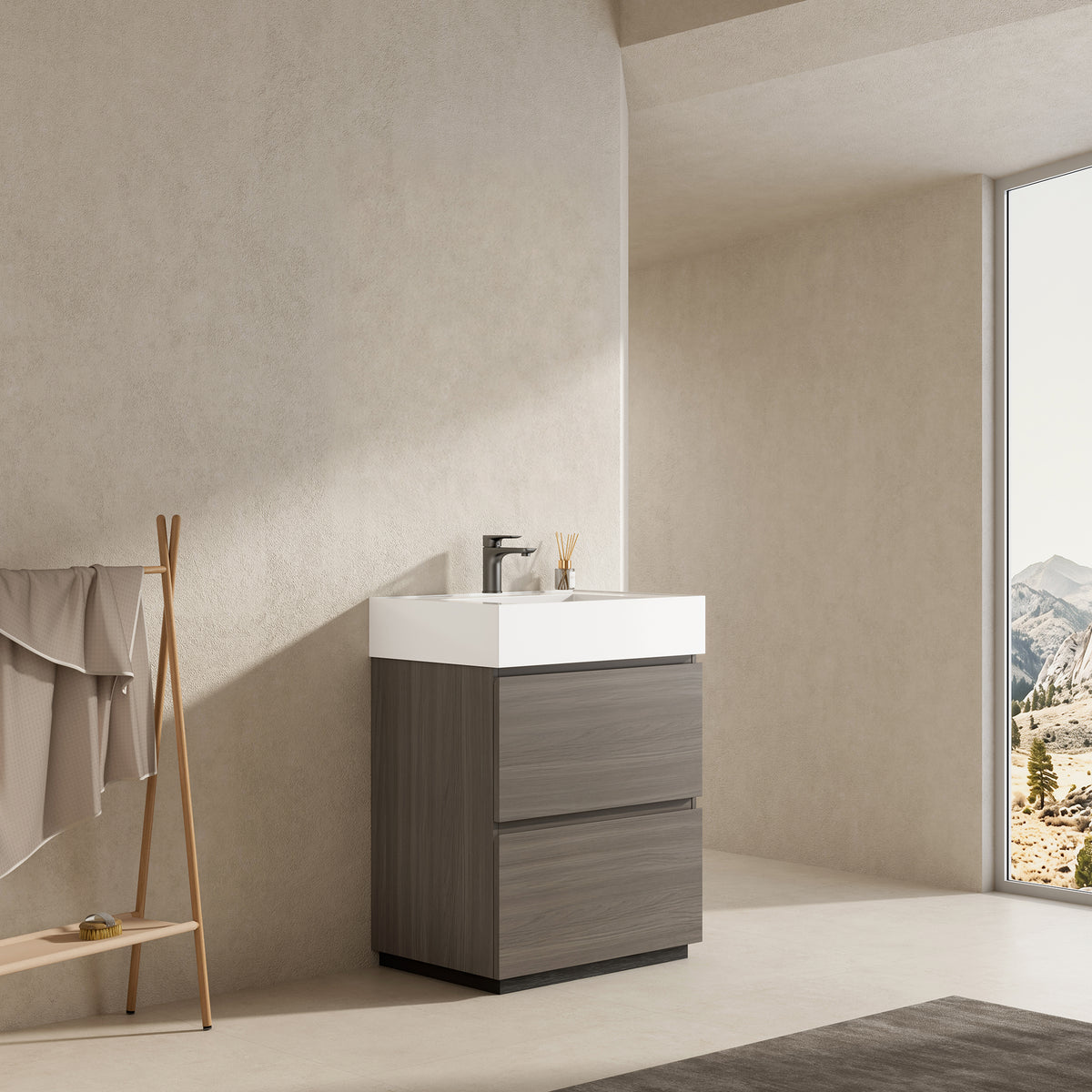Mobile bagno a Terra 60 cm Grigio Lavabo in Resina Senza Specchio - Nube Wood