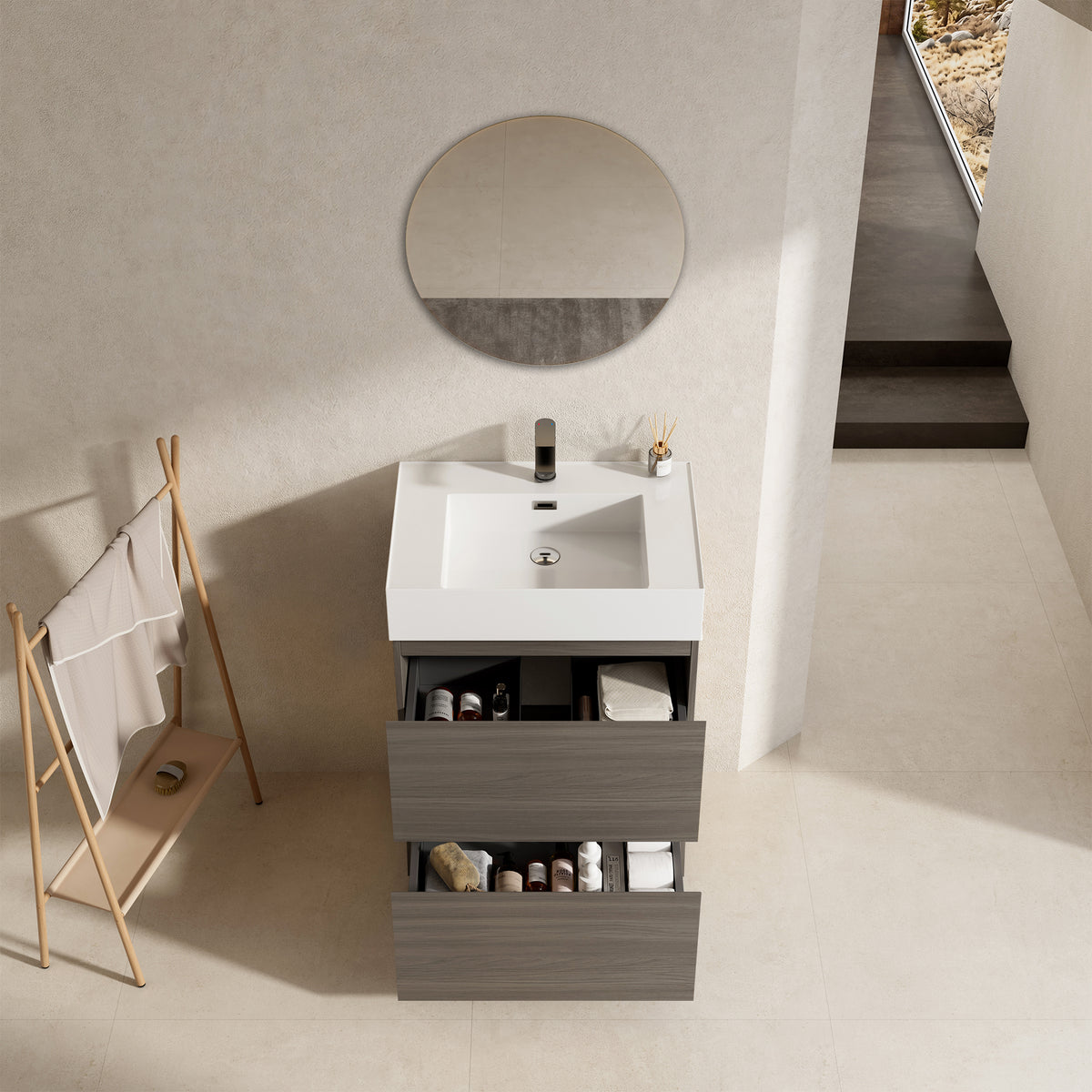 Mobile bagno a Terra 60 cm Grigio Lavabo in Resina Specchio Tondo - Nube Wood