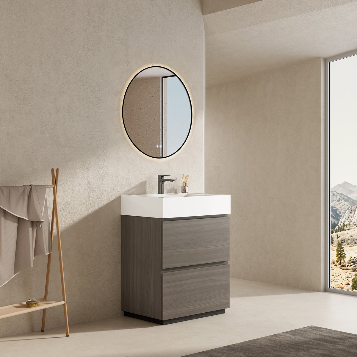 Mobile bagno a Terra 60 cm Grigio Lavabo in Resina Specchio Tondo Retroilluminato Profilo Nero - Nube Wood