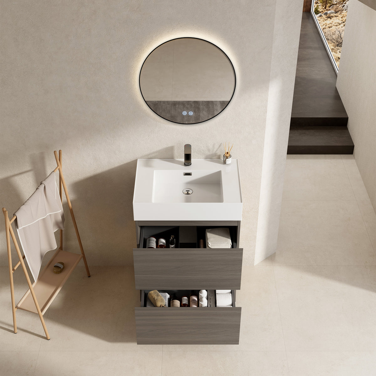 Mobile bagno a Terra 60 cm Grigio Lavabo in Resina Specchio Tondo Retroilluminato Profilo Nero - Nube Wood