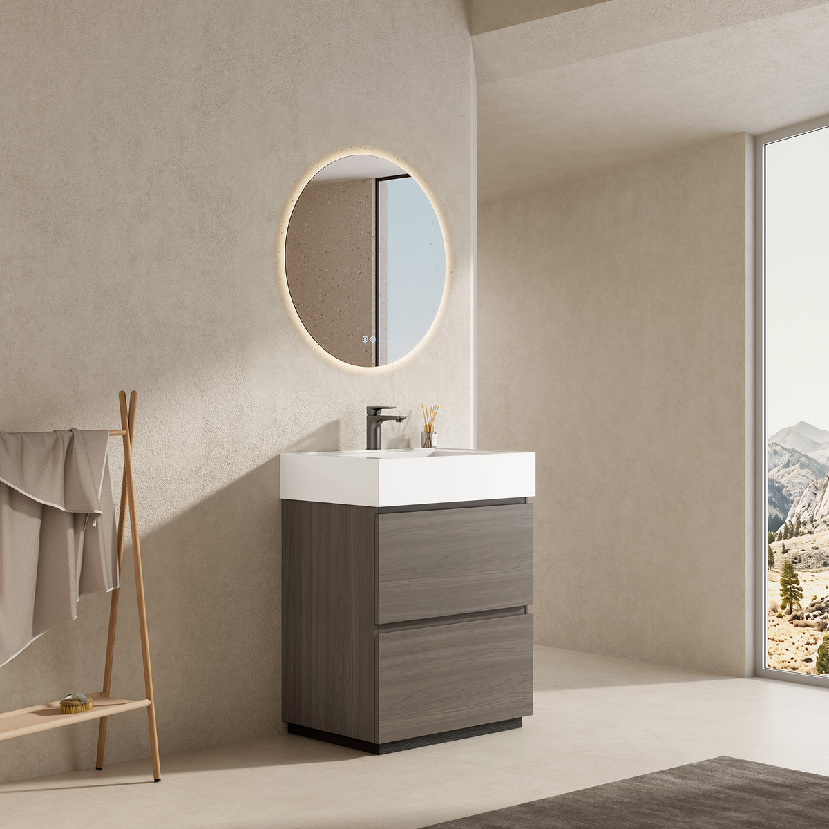 Mobile bagno a Terra 60 cm Grigio Lavabo in Resina Specchio Quadro - Nube Wood
