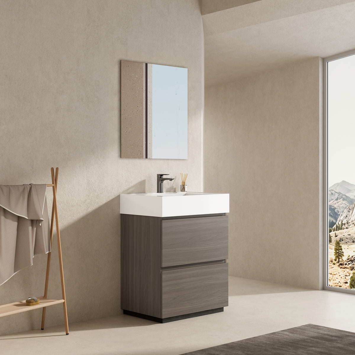 Mobile bagno a Terra 60 cm Grigio Lavabo in Resina Specchio Tondo Retroilluminato - Nube Wood