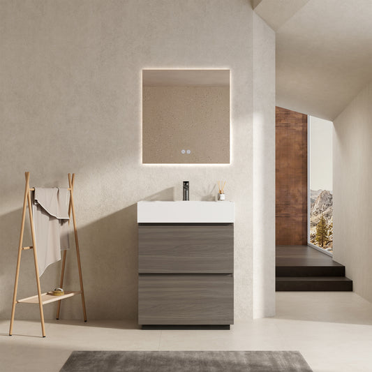 Mobile bagno a Terra 60 cm Grigio Lavabo in Resina Specchio Quadro Retroilluminato - Nube Wood