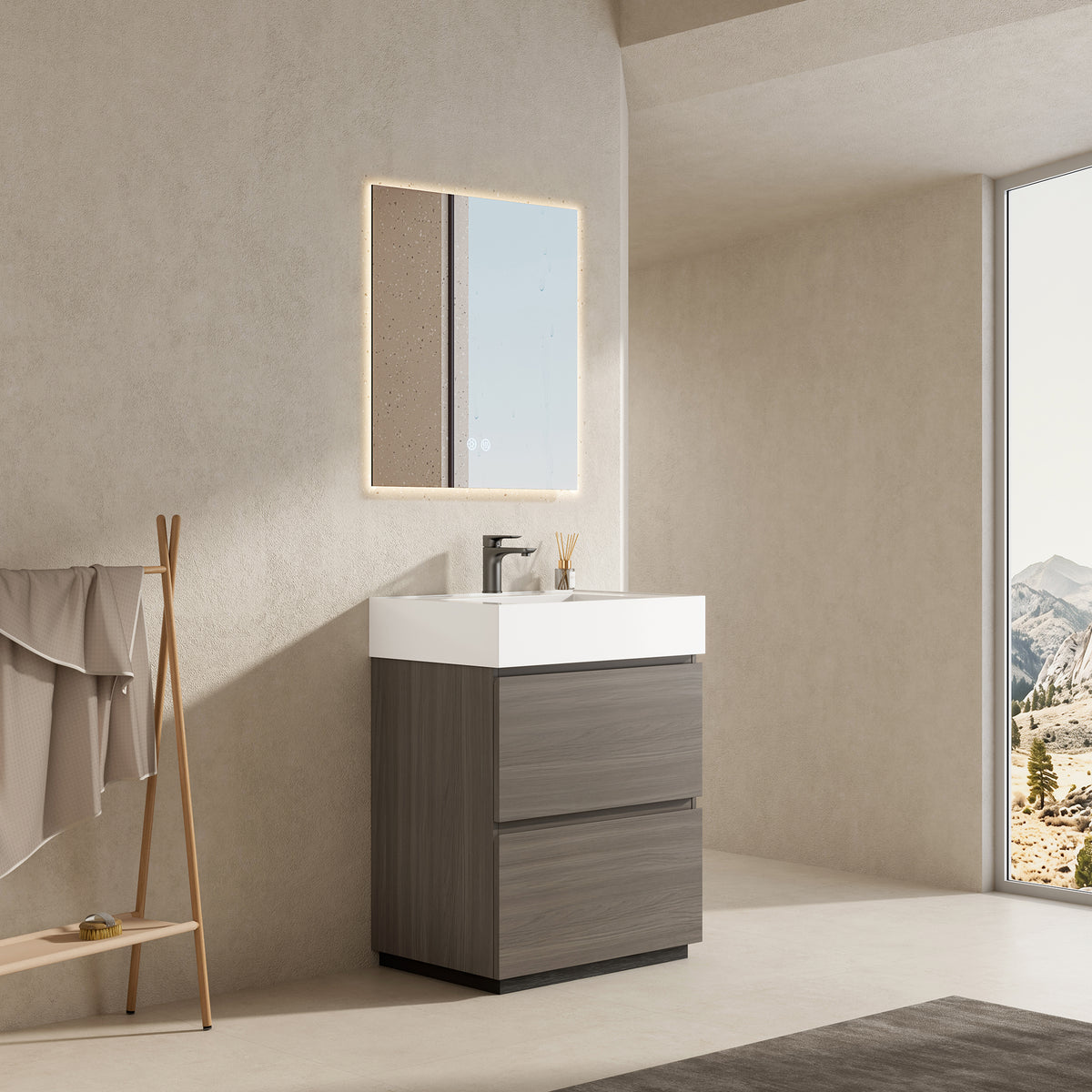 Mobile bagno a Terra 60 cm Grigio Lavabo in Resina Specchio Quadro Retroilluminato - Nube Wood