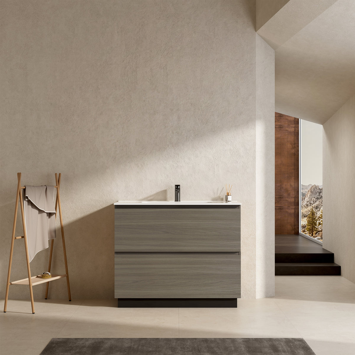 Mobile bagno a Terra 100 cm Beige Lavabo in Ceramica Senza Specchio - Nube Wood