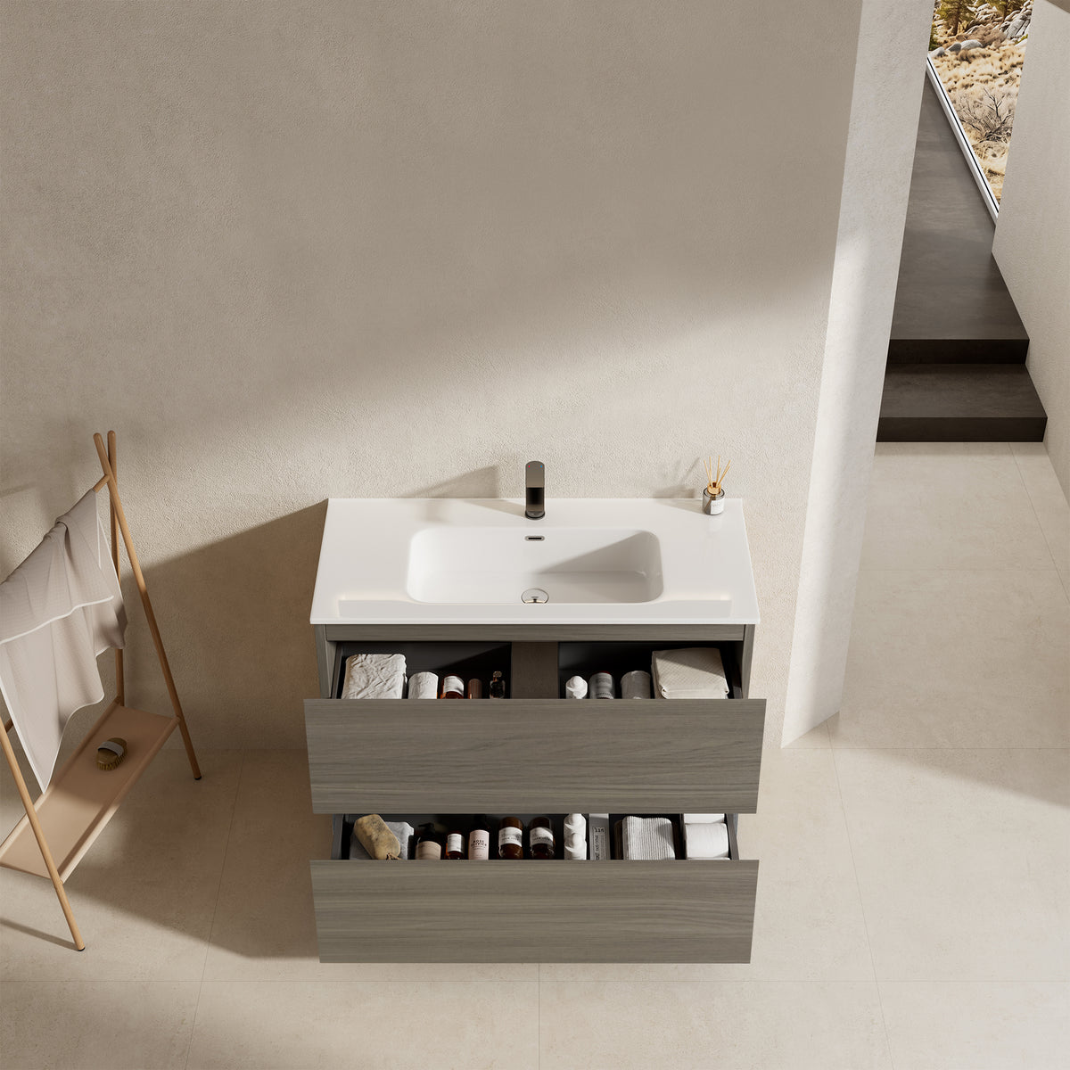 Mobile bagno a Terra 100 cm Beige Lavabo in Ceramica Senza Specchio - Nube Wood