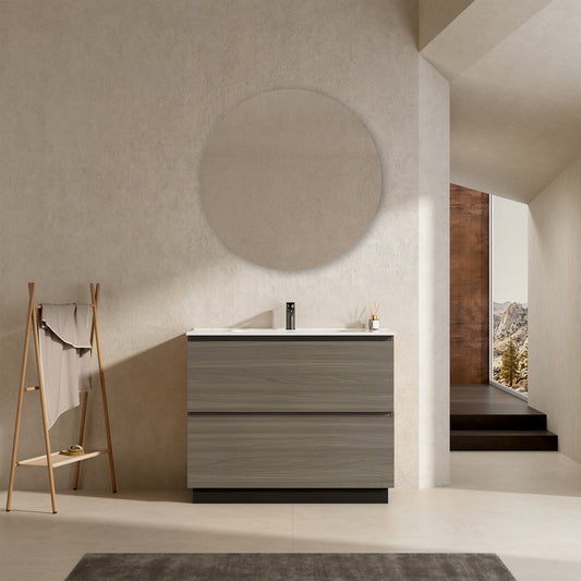 Mobile bagno a Terra 100 cm Beige Lavabo in Ceramica Specchio Tondo - Nube Wood