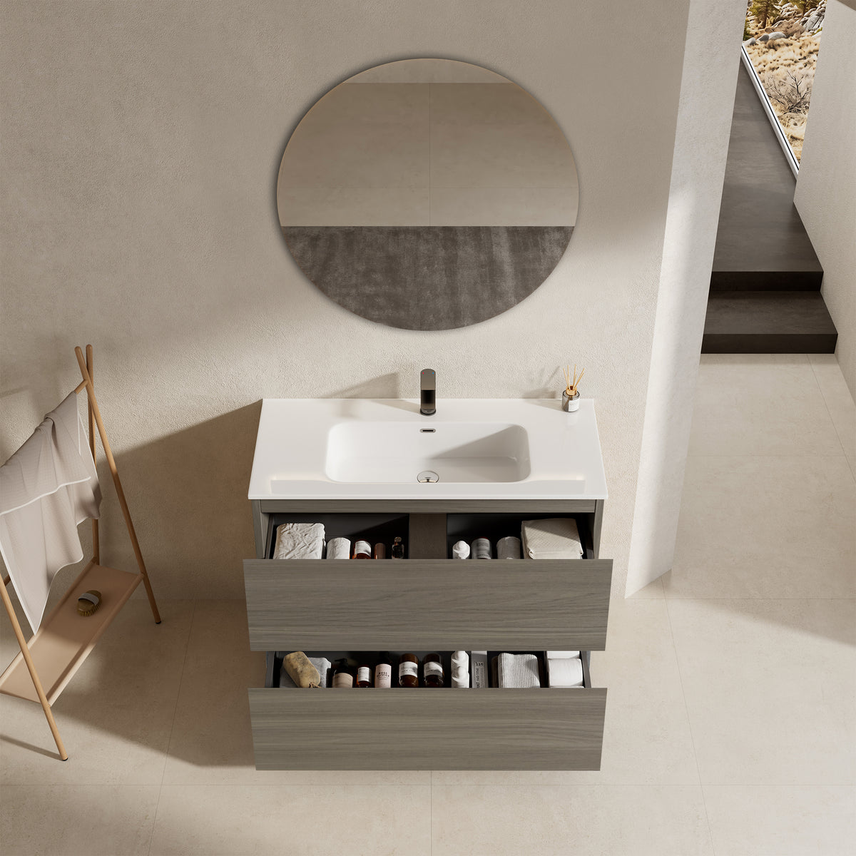 Mobile bagno a Terra 100 cm Beige Lavabo in Ceramica Specchio Tondo - Nube Wood