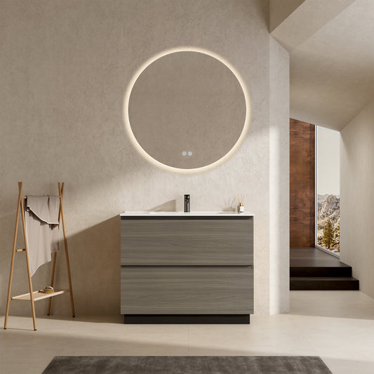 Mobile bagno a Terra 100 cm Beige Lavabo in Ceramica Specchio Quadro - Nube Wood